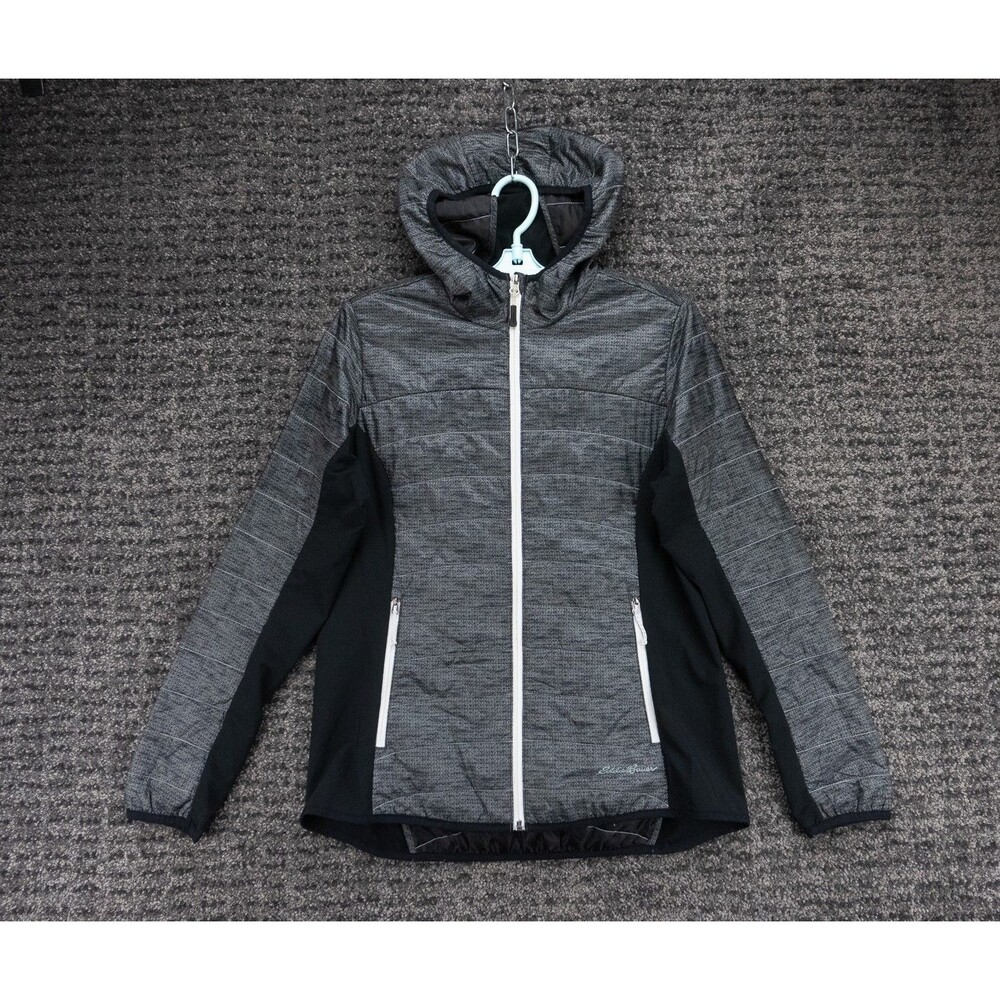 Eddie Bauer Puffer Jacket Womens Medium Gray Full Zip Hooded Lined Insulated
